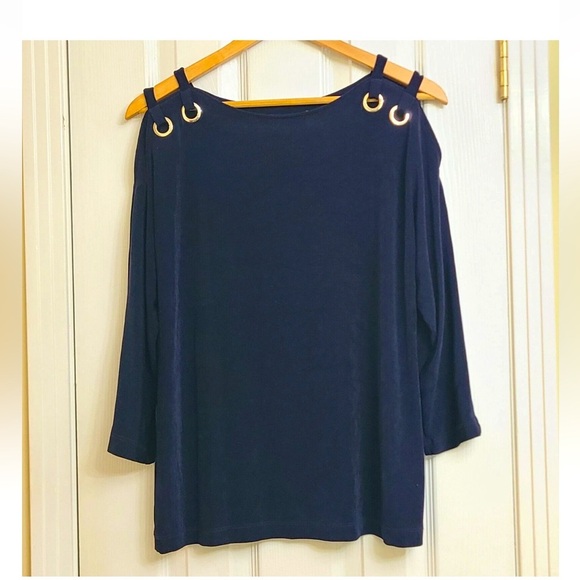 Chicos Travelers Hardware Cold Shoulder Slinky Navy Blue Tunic Top Size XL - Picture 2 of 5